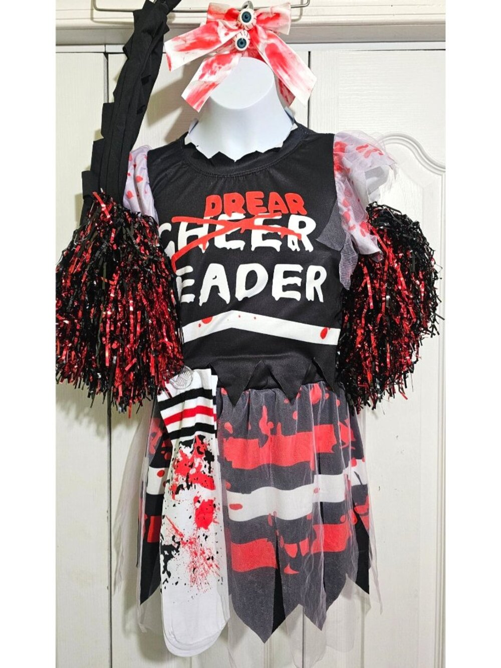 Zombie Cheerleader Costume Girls 10 Horror Pom Poms Gloves Scary Uniform Socks